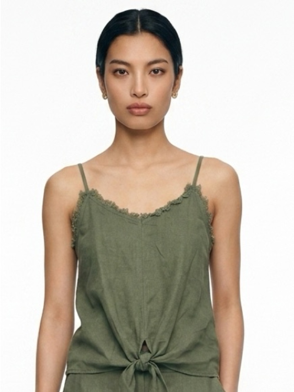 UMGEE | Linen Blend Olive Green Tank Top with Tie Front Women’s Size Small
